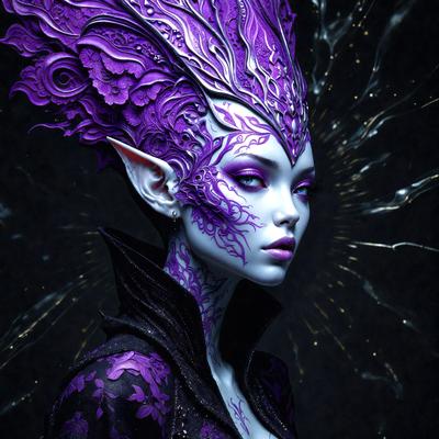 The primary subject of the image is a woman with purple hair and a purple and black outfit. She is wearing a purple and black dress and has purple hair. The setting is a dark room, and the visual style is digital art. The colors and mood of the image are predominantly purple, creating a unique and artistic atmosphere.